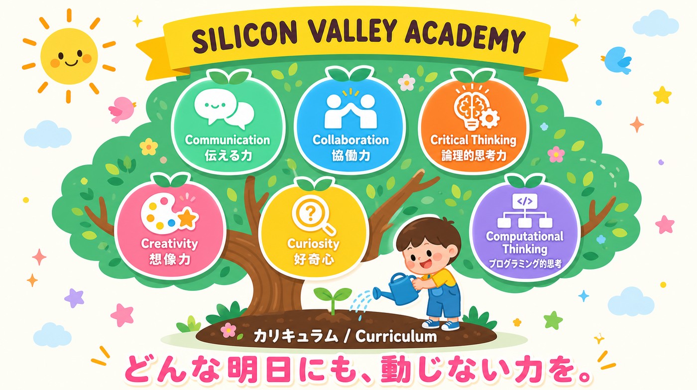 Silicon Valley Academyの6Cs（Communication・Collaboration・Critical Thinking・Creativity・Curiosity・Computational Thinking）を表す木のイラスト