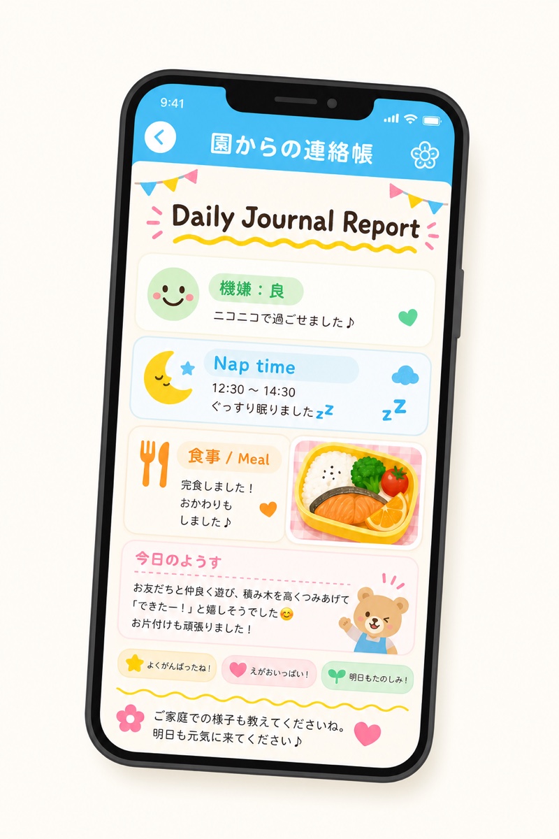 Smartphone screen of the school's communication log (Daily Journal Report), with mood, naps, meals, Today's Highlights, and a message from the teacher