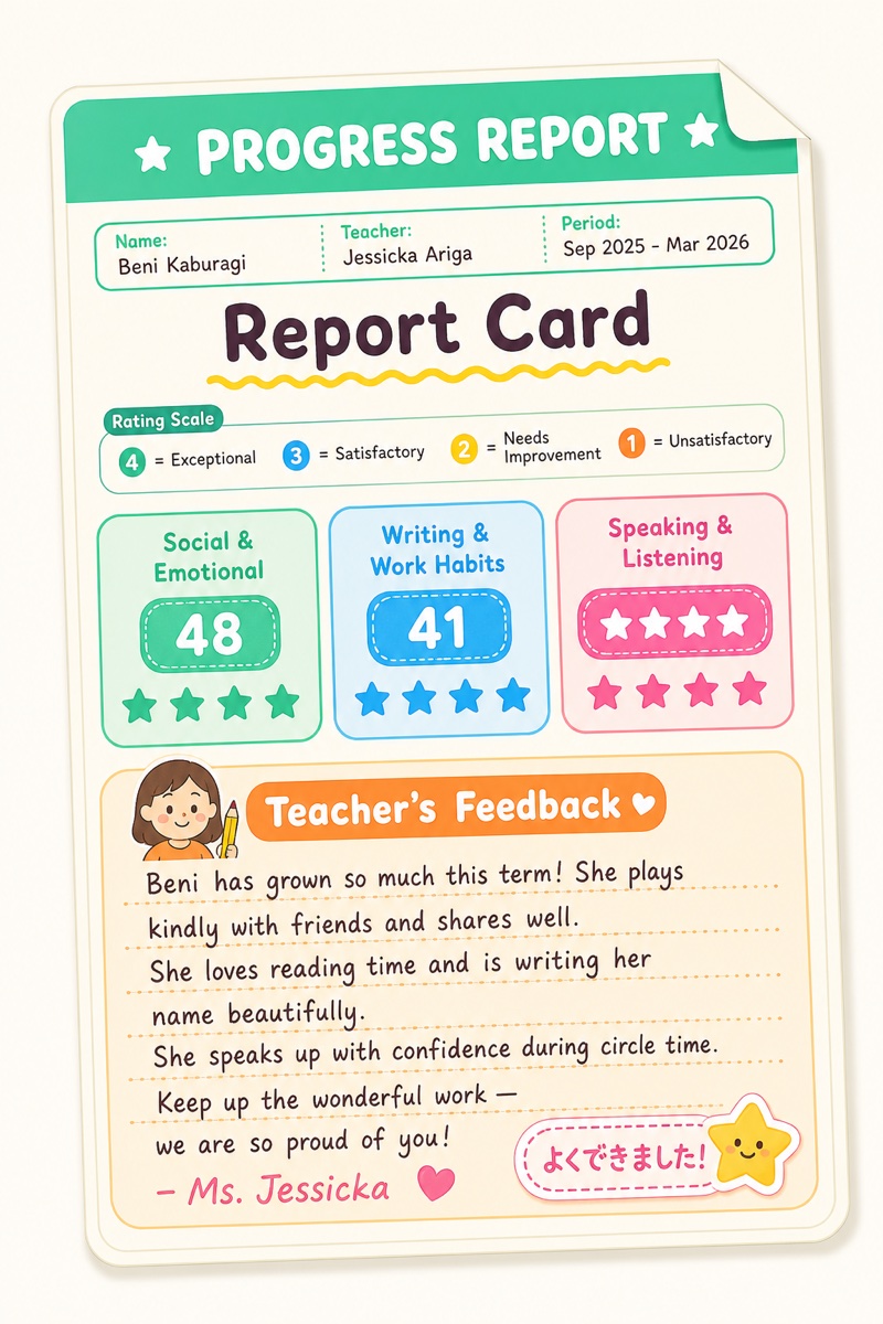 Sample progress report with four-level ratings for Social & Emotional, Writing & Work Habits, and Speaking & Listening, plus teacher feedback